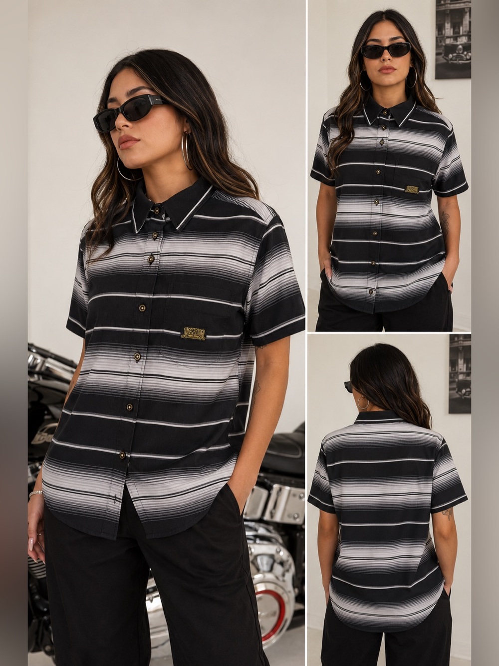 Dixxon Flannel Co Low-Low Striped Button Up Shirt Black/Brown White Women’s M